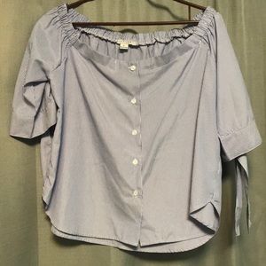 Blue and white striped off the shoulder